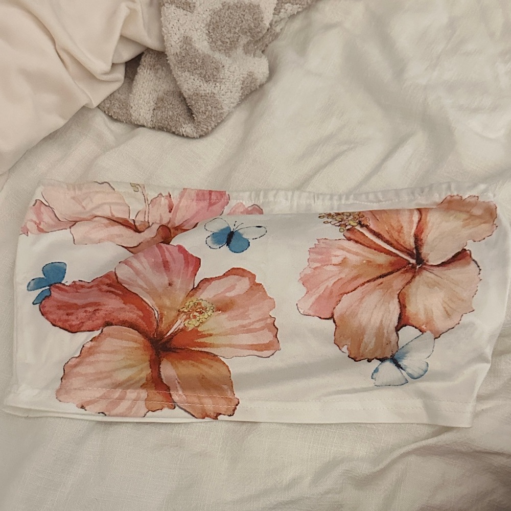 SHEIN Floral Print Tube Top - White and Pink